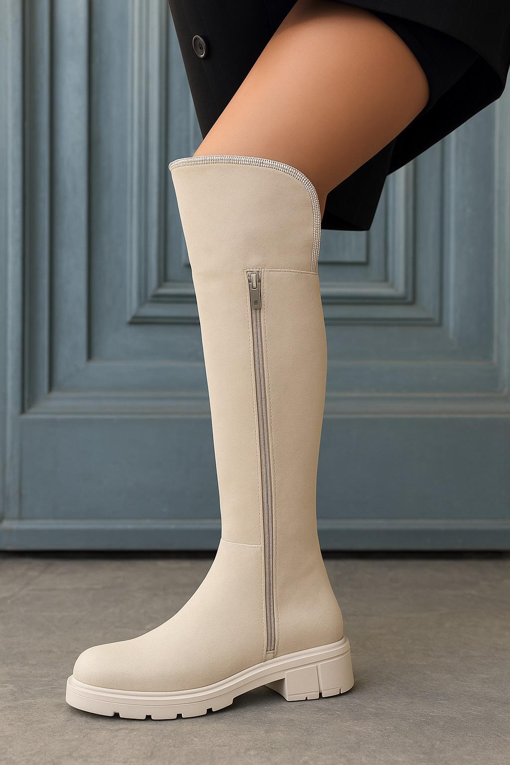Tuya Diz Üstü Uzun Çizme Bej - Düz Çizme