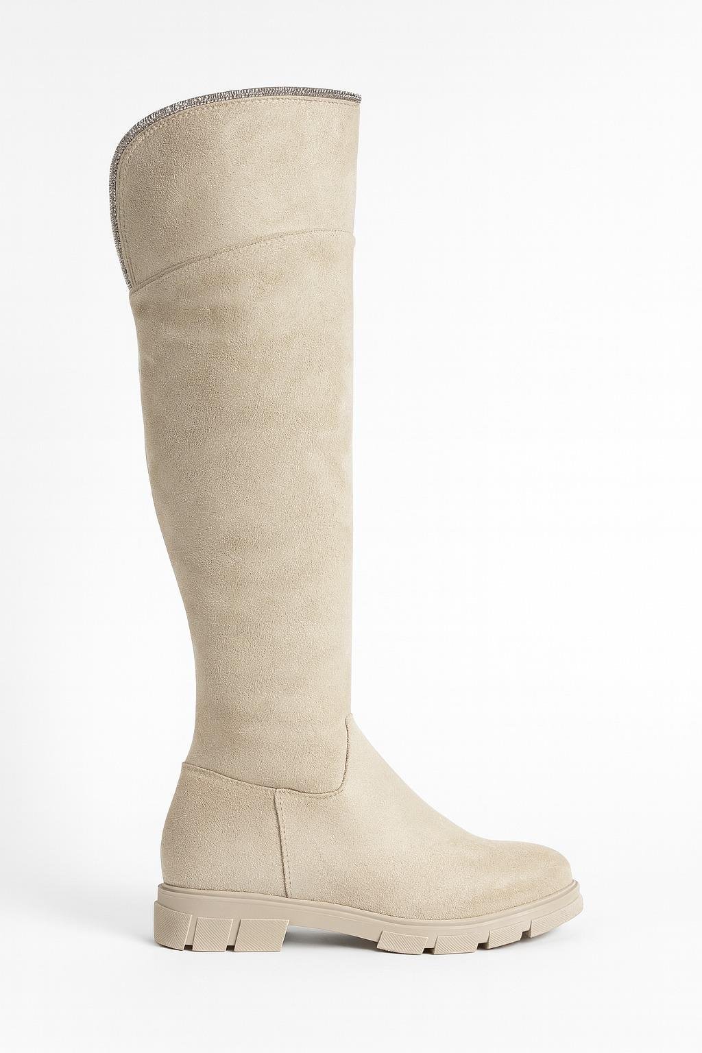 Tuya Diz Üstü Uzun Çizme Bej - Düz Çizme