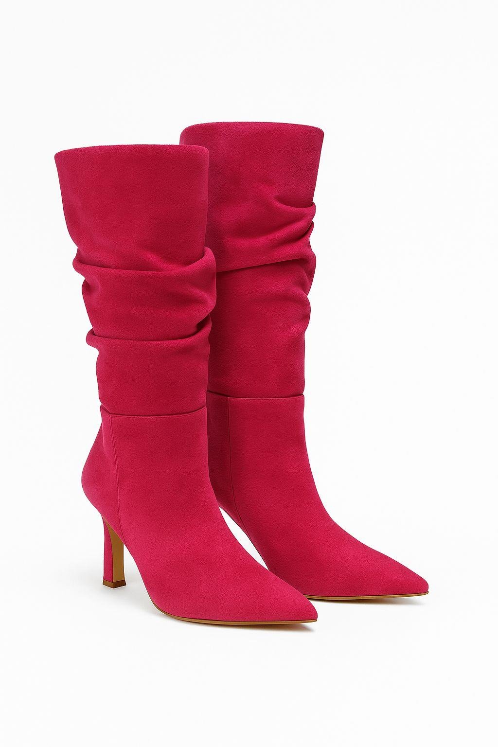 Usama Süet İnce Topuklu Çizme Fuşya - Topuklu Çizme