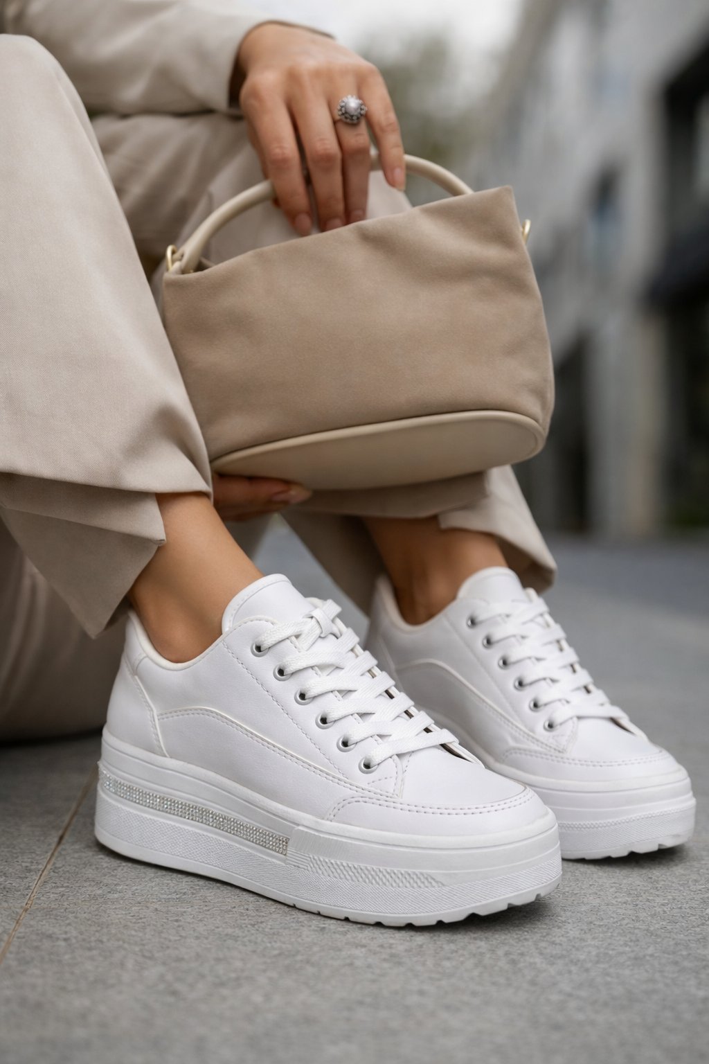 Usare Yüksek Tabanlı Keten Spor Ayakkabı Beyaz - Spor Ayakkabı