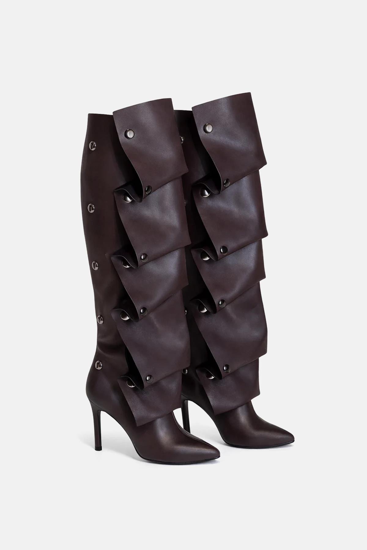 Valancia İnce Topuklu Çizme Kahverengi - Topuklu Çizme