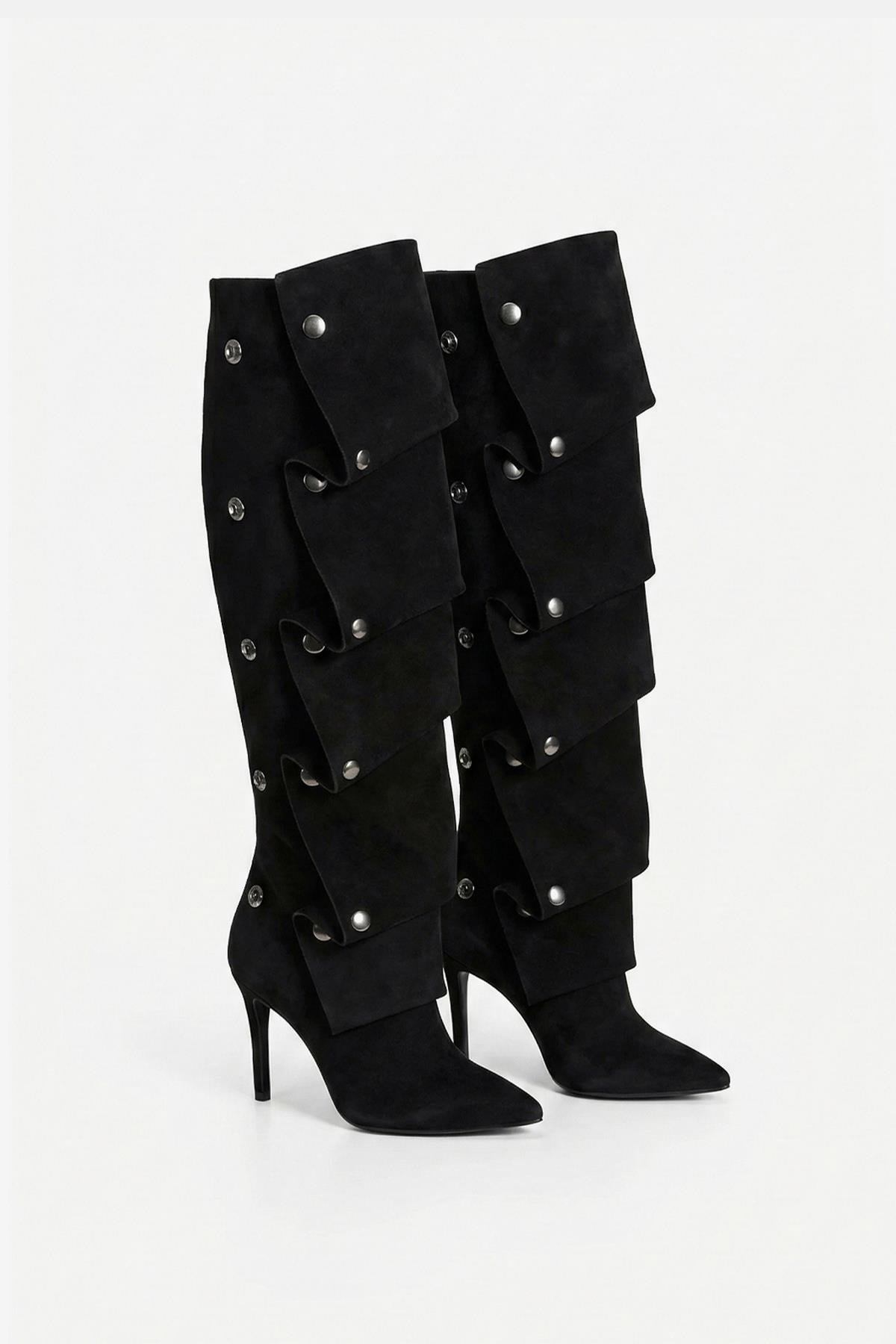 Valancia Süet İnce Topuklu Çizme Siyah - Topuklu Çizme