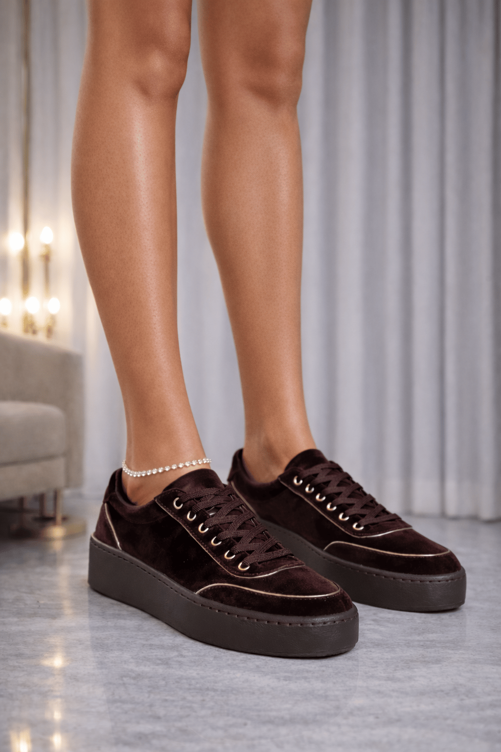 Velvéra Step Kadife Spor Ayakkabı Kahverengi - Spor Ayakkabı