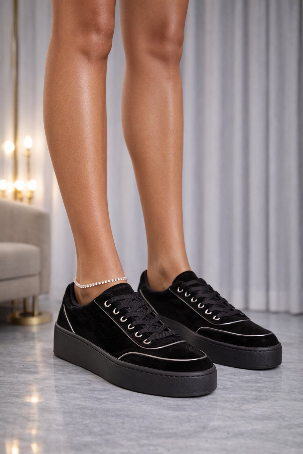 Velvéra Step Kadife Spor Ayakkabı Siyah - 