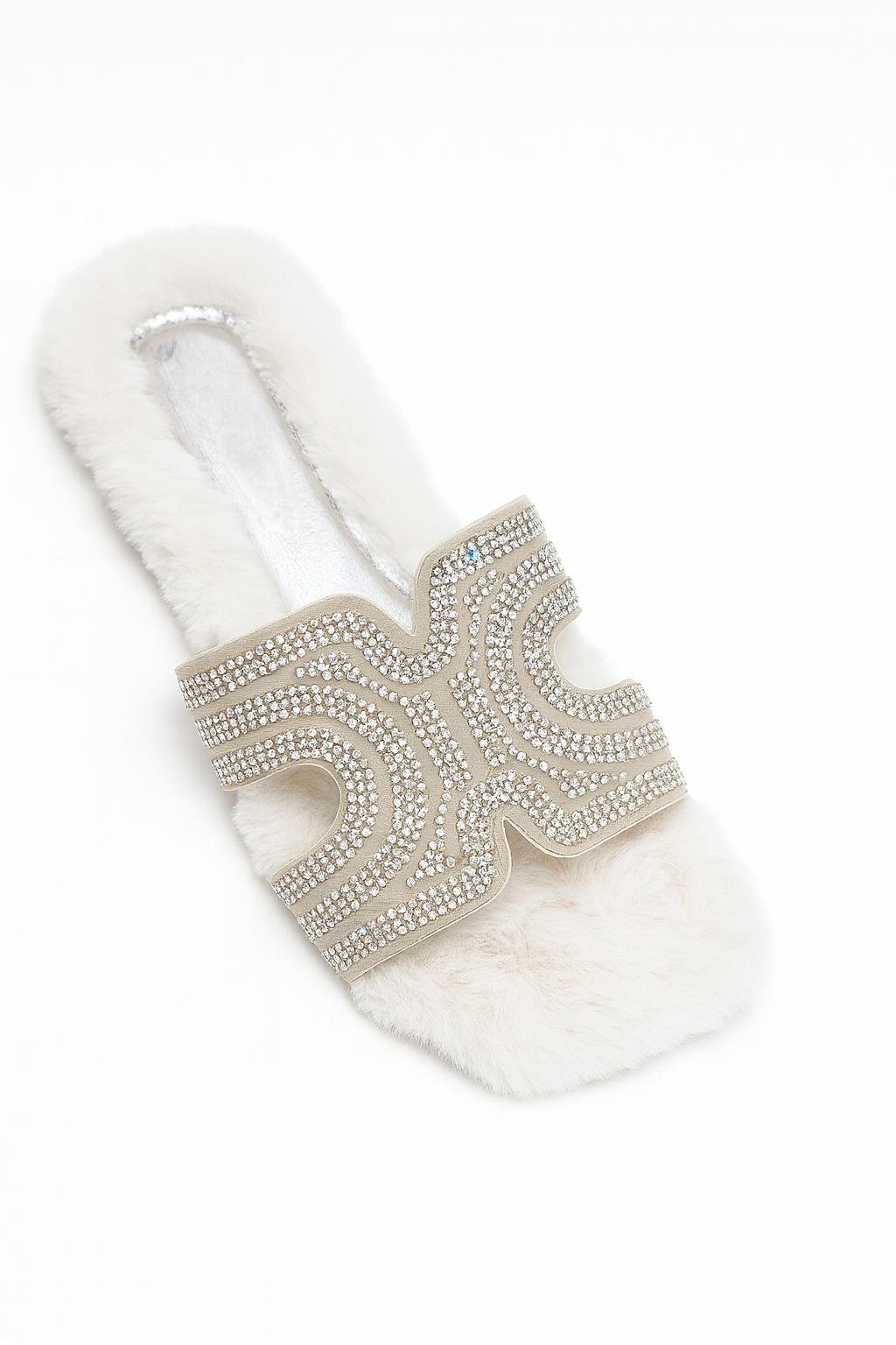 Vety Tüylü Terlik Beyaz - Kışlık Terlik