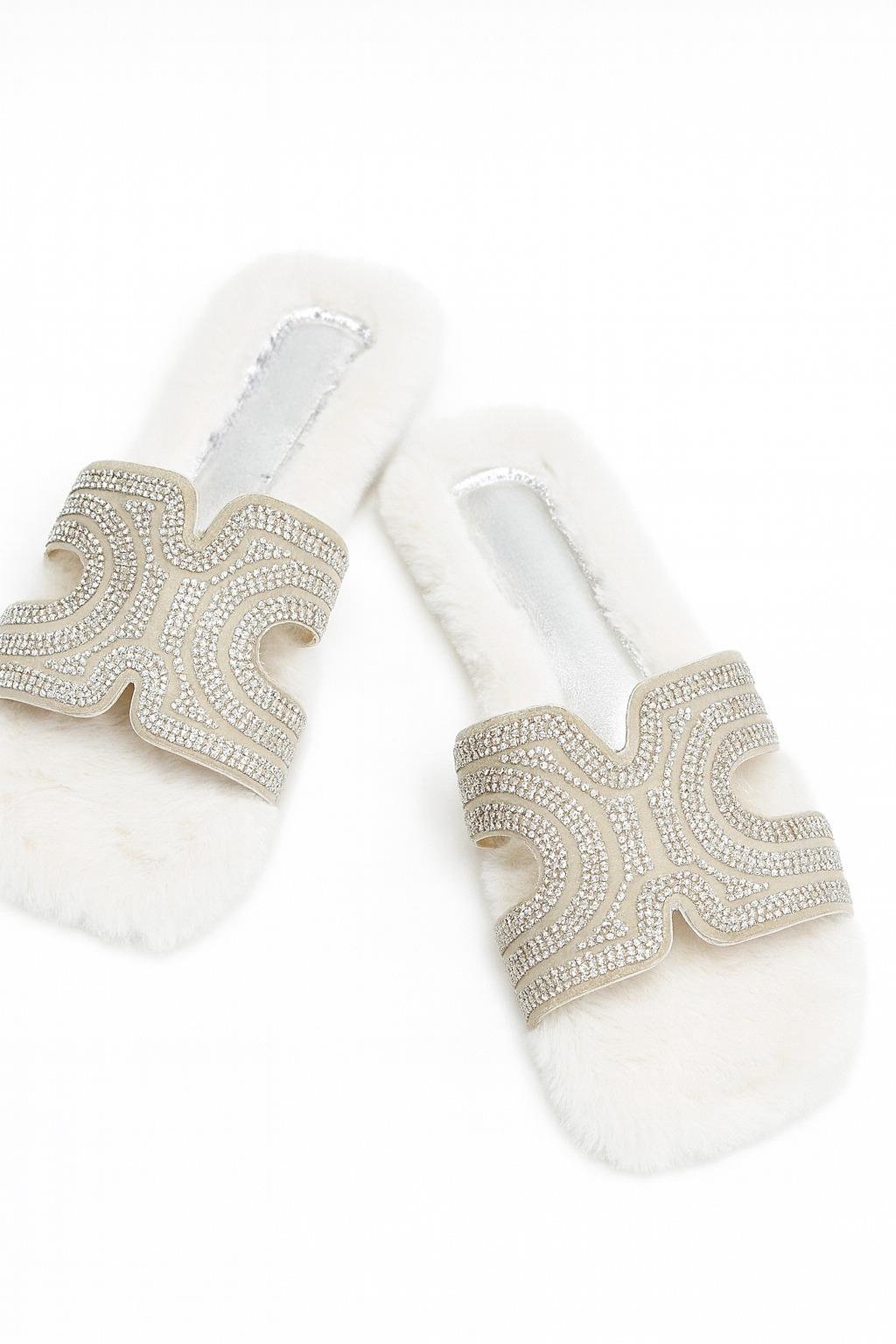 Vety Tüylü Terlik Beyaz - Kışlık Terlik