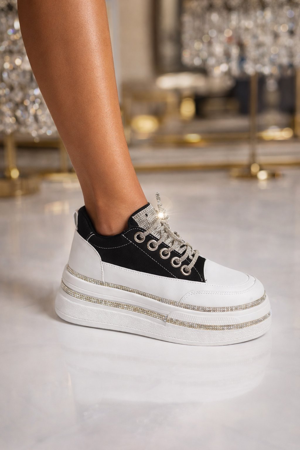 Vhilack Extreme Kristal Taşlı Yüksek Taban Spor Ayakkabı Siyah - Spor Ayakkabı