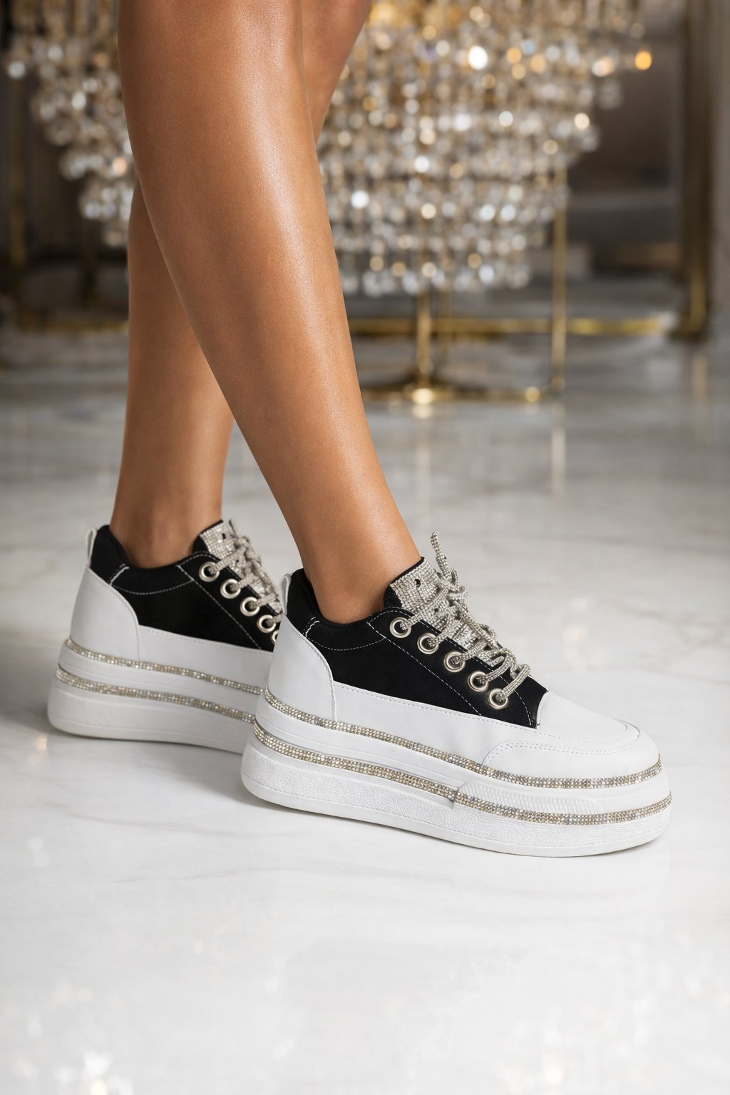 Vhilack Extreme Kristal Taşlı Yüksek Taban Spor Ayakkabı Siyah - Spor Ayakkabı