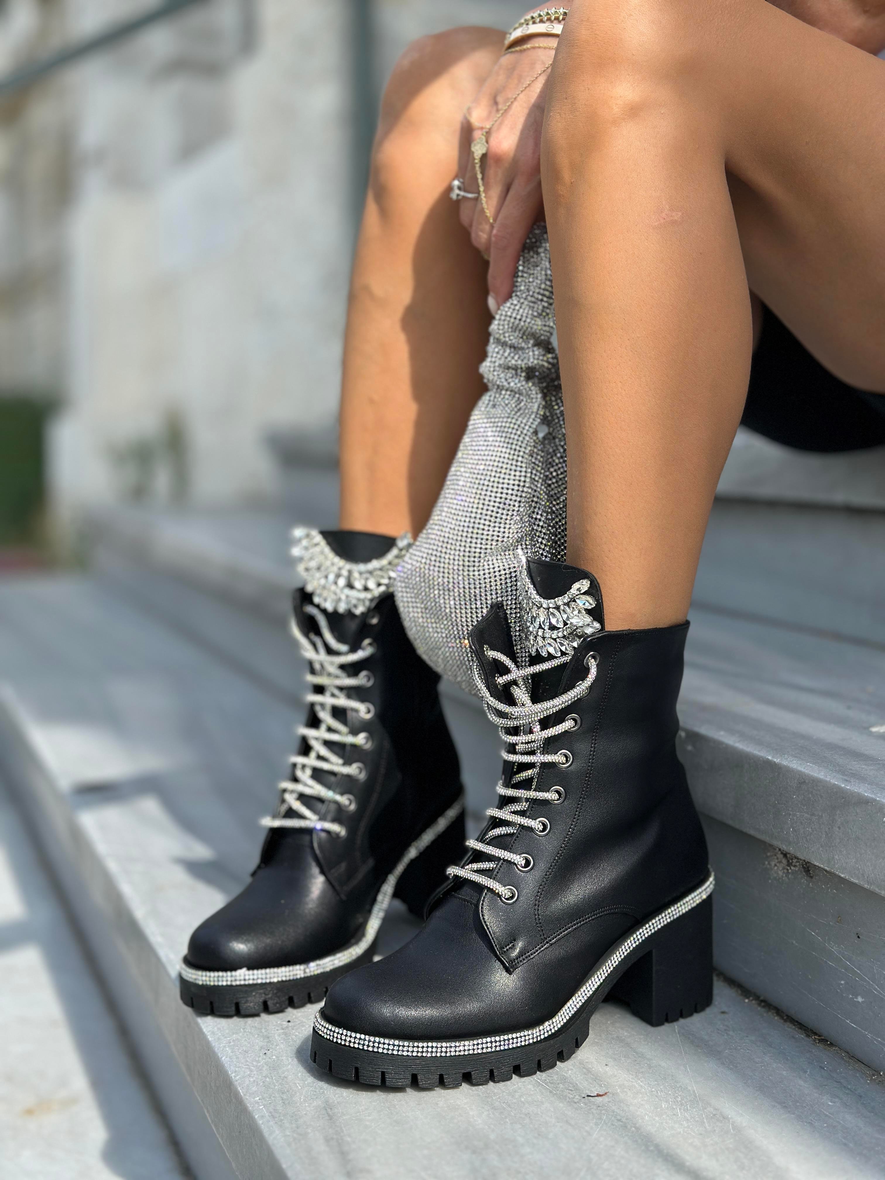 Vukka Kristal Taşlı Bot Siyah - ANKLE BOOTS