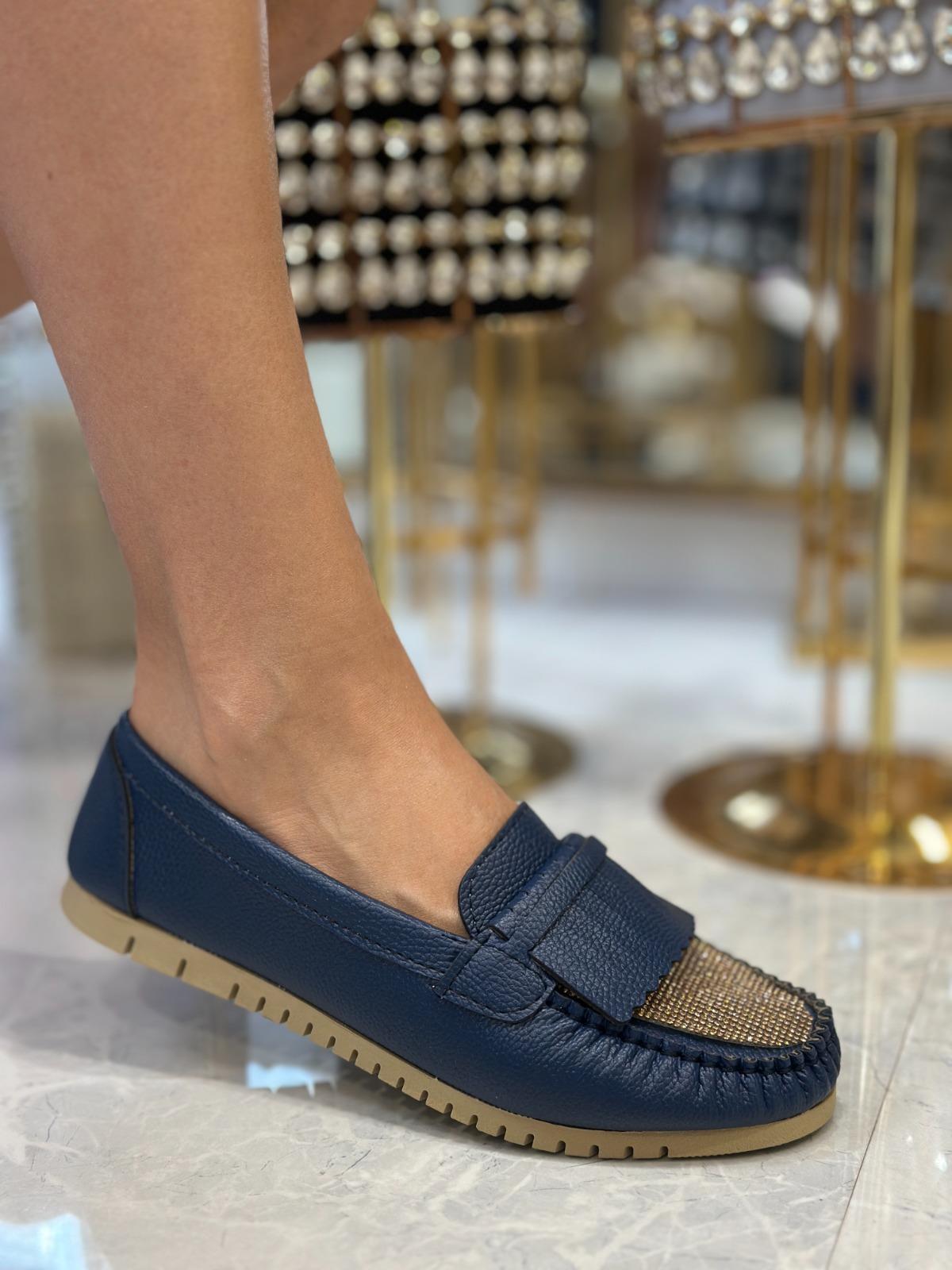 Wine Kristal Taşlı Özel Tasarım Babet Lacivert - KADIN AYAKKABI