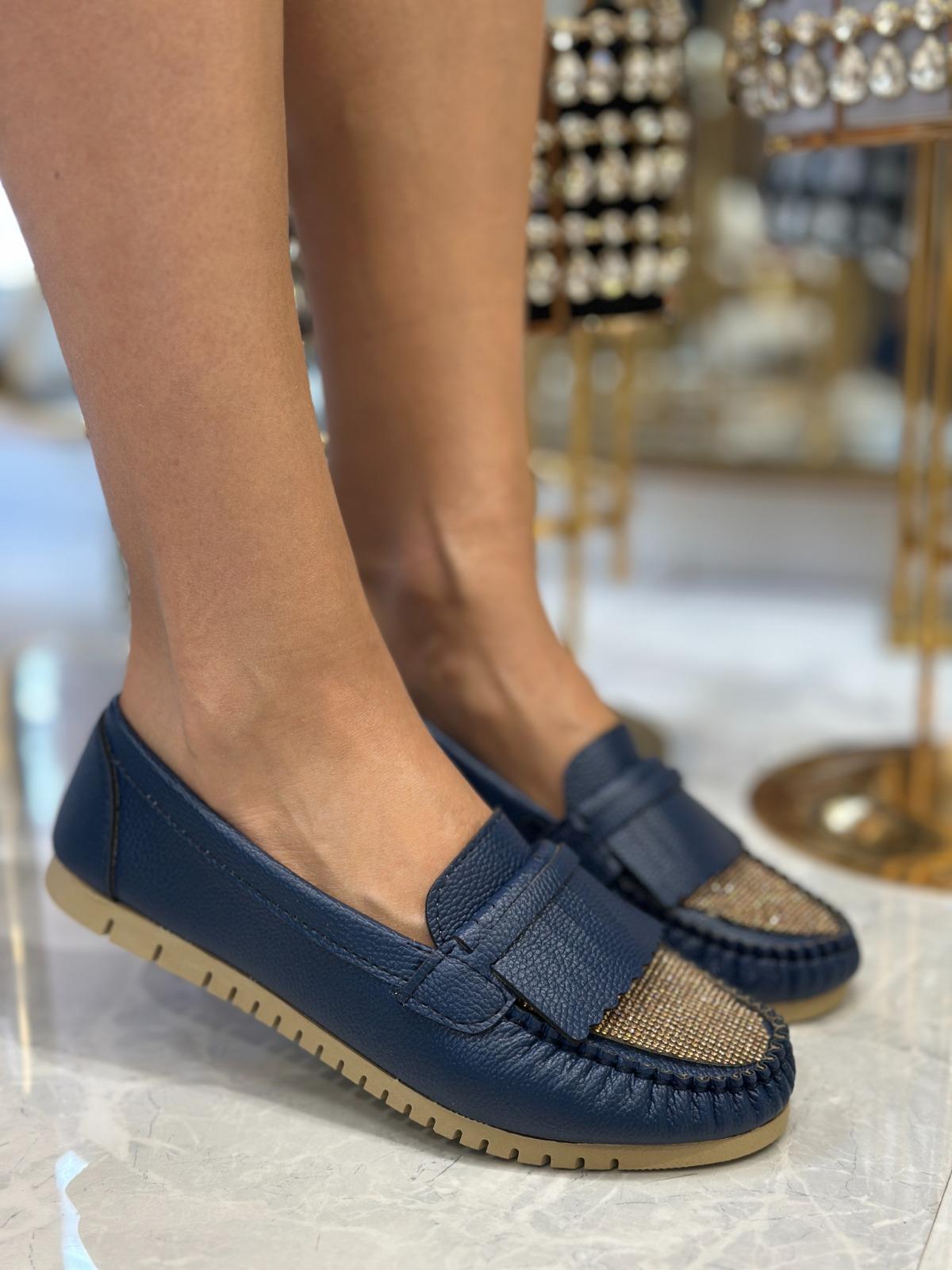 Wine Kristal Taşlı Özel Tasarım Babet Lacivert - KADIN AYAKKABI