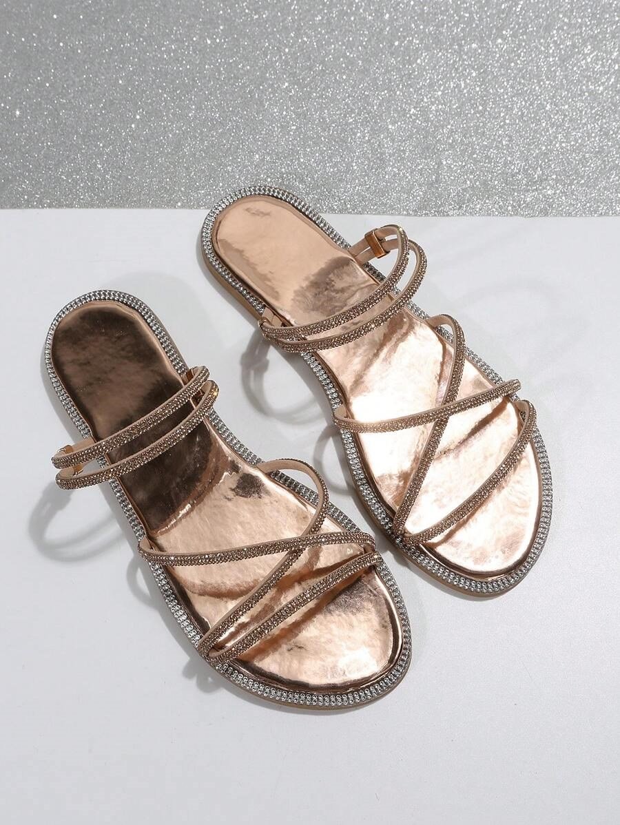 Yiana Kristal Taşlı Terlik Rose Gold - Düz Taban Terlik