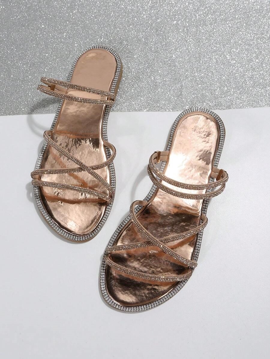Yiana Kristal Taşlı Terlik Rose Gold - Düz Taban Terlik