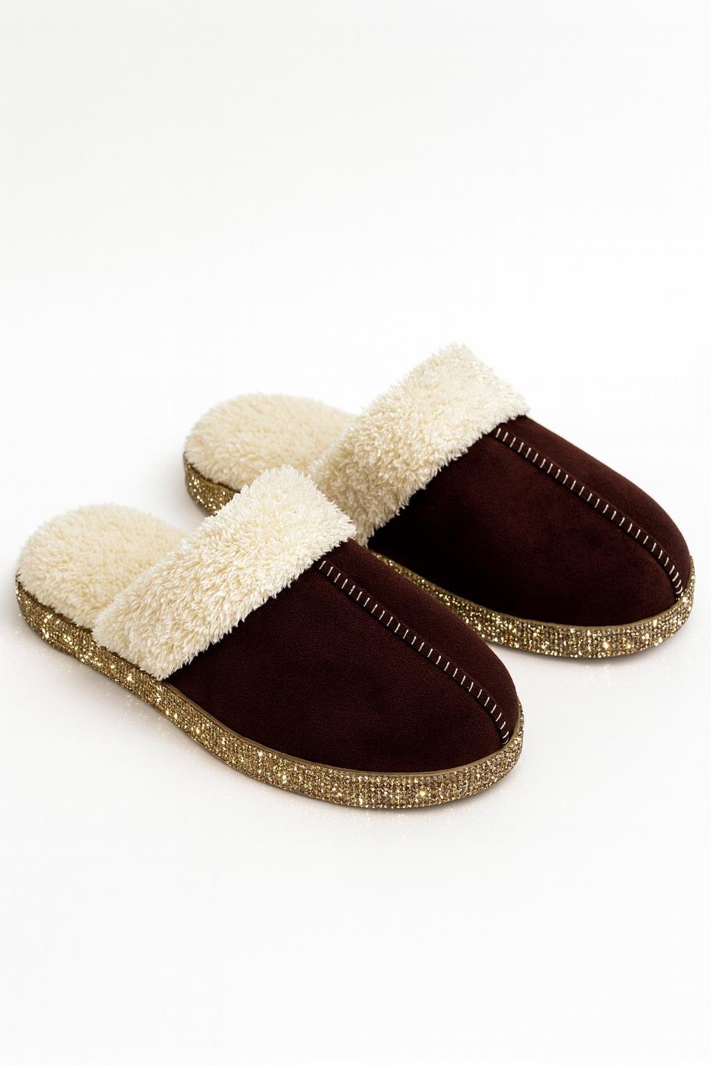 Youne Gold Kristal Taşlı Terlik Koyu Kahve - 