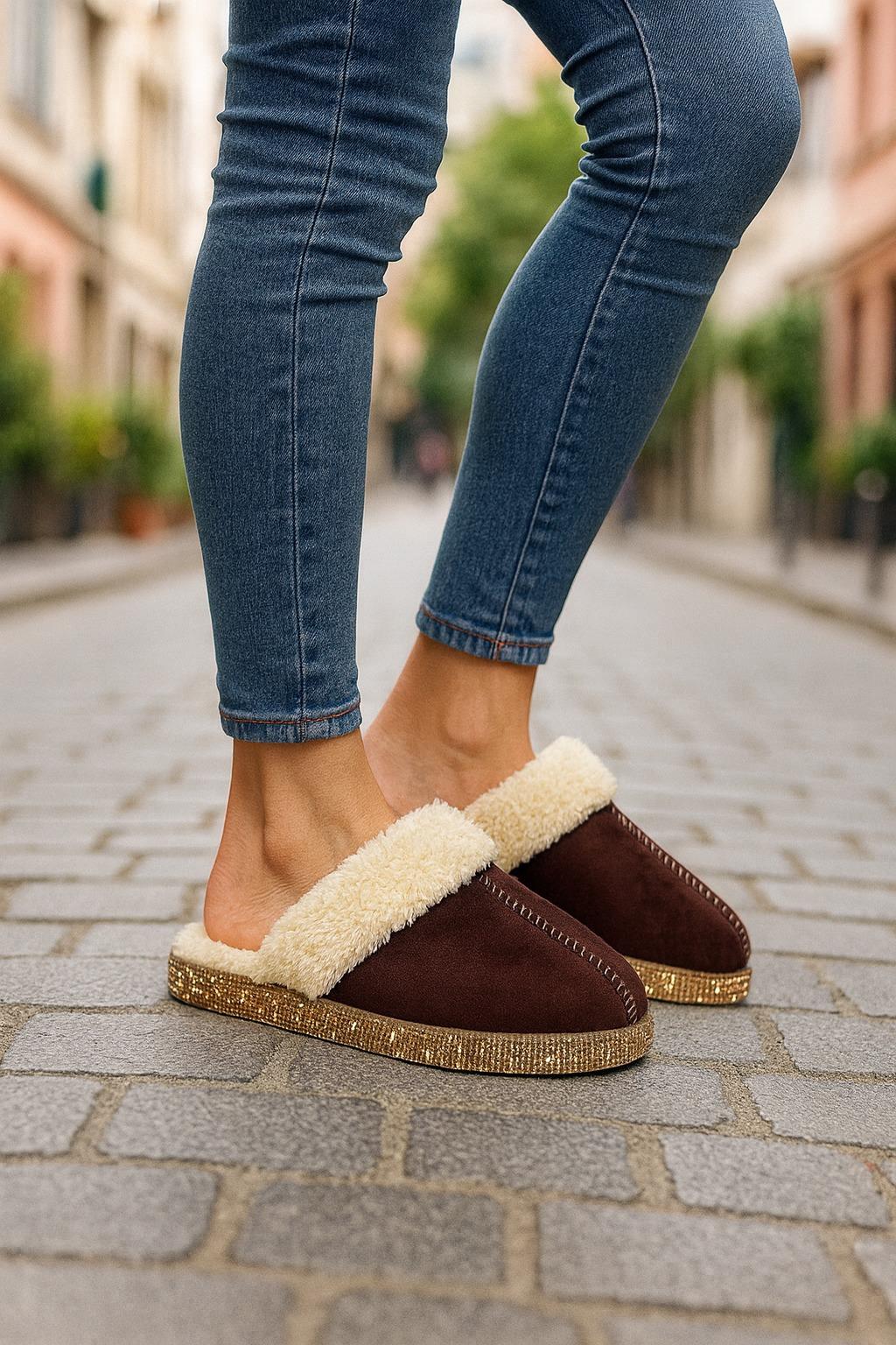 Youne Gold Kristal Taşlı Terlik Koyu Kahve - 