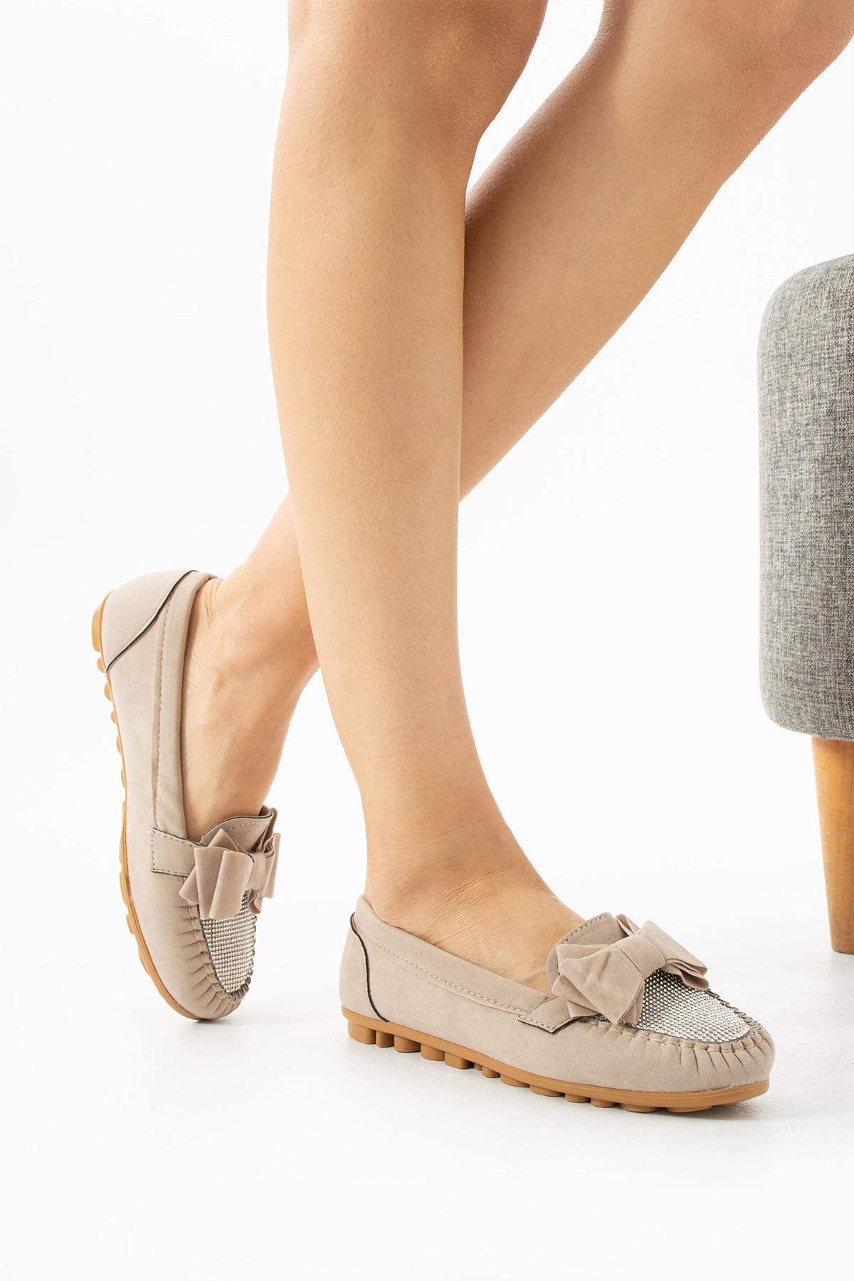 Zaza Kristal Taşlı Süet Babet Bej - WOMAN SHOES