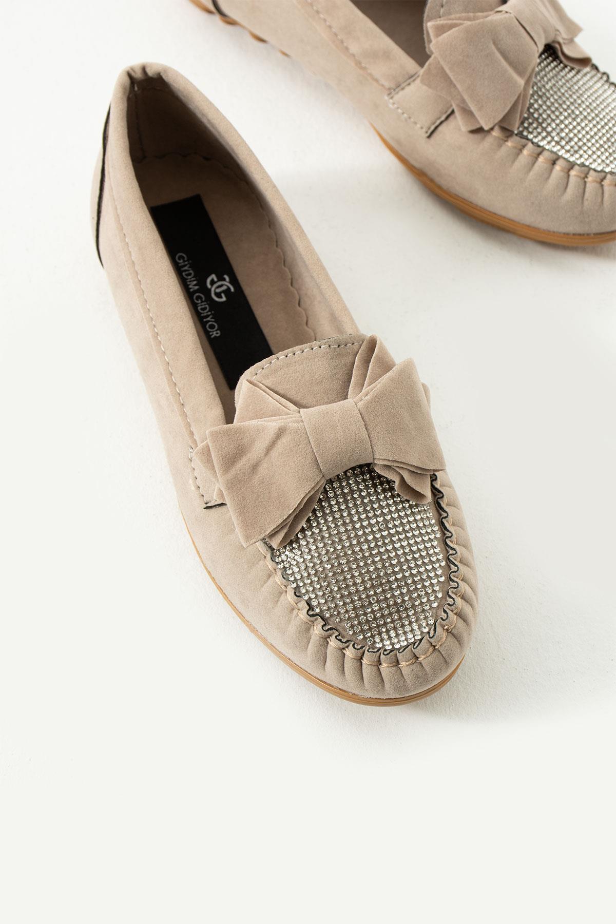 Zaza Kristal Taşlı Süet Babet Bej - WOMAN SHOES