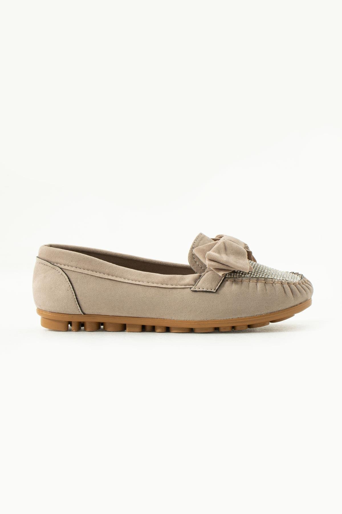 Zaza Kristal Taşlı Süet Babet Bej - WOMAN SHOES
