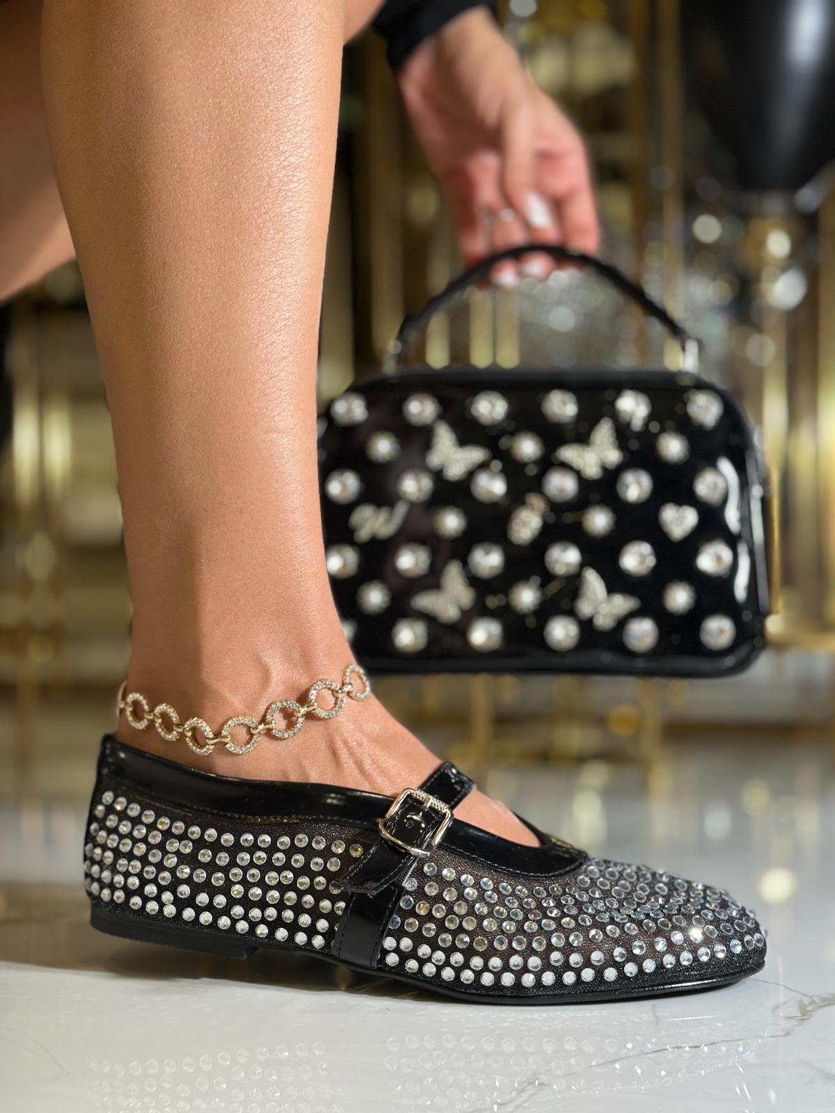 Zueya Kristal Taşlı Babet Siyah - Babet