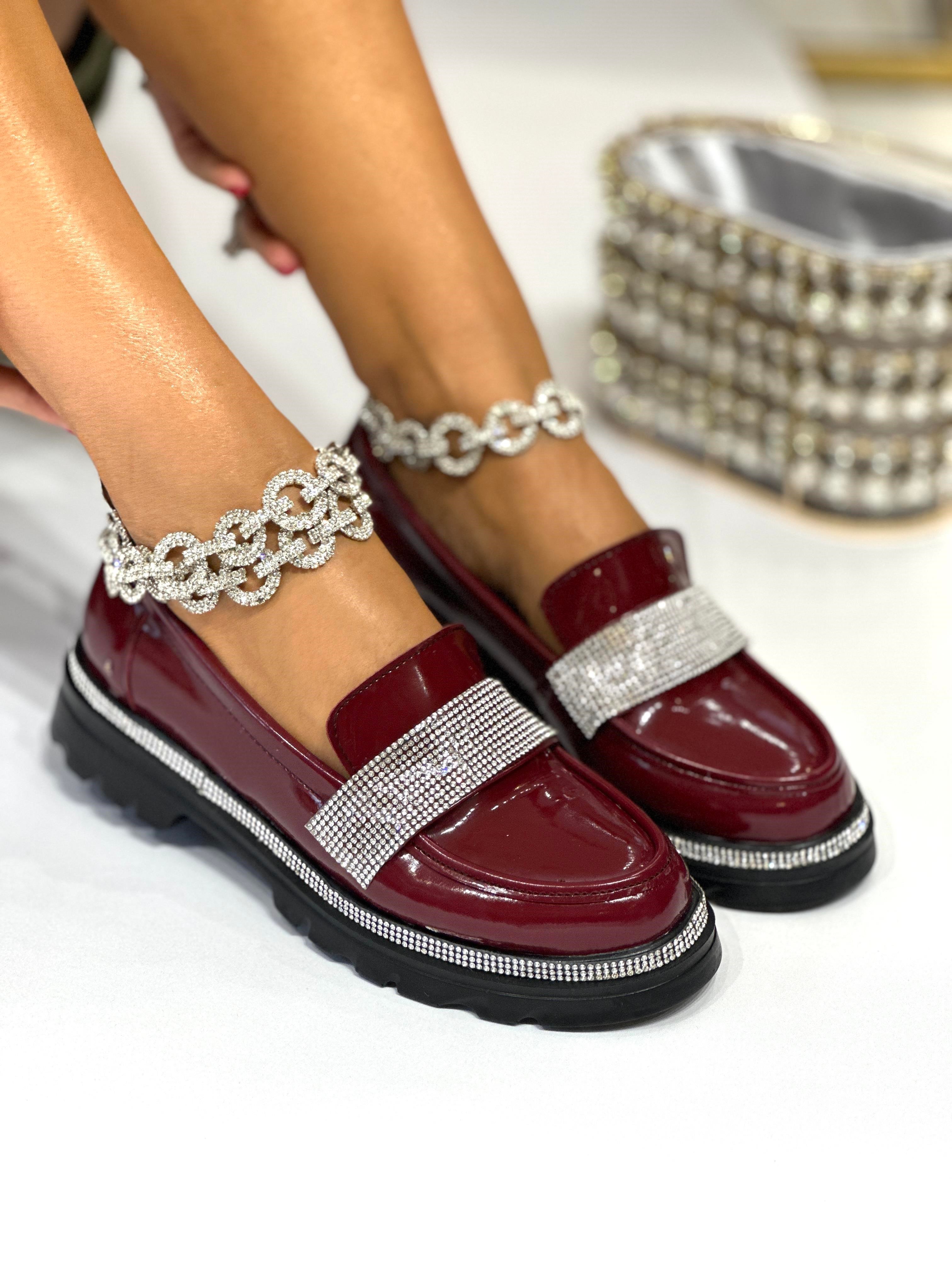 Zuhale Zuhal Kristal Taşlı Rugan Loafer Bordo - Loafer