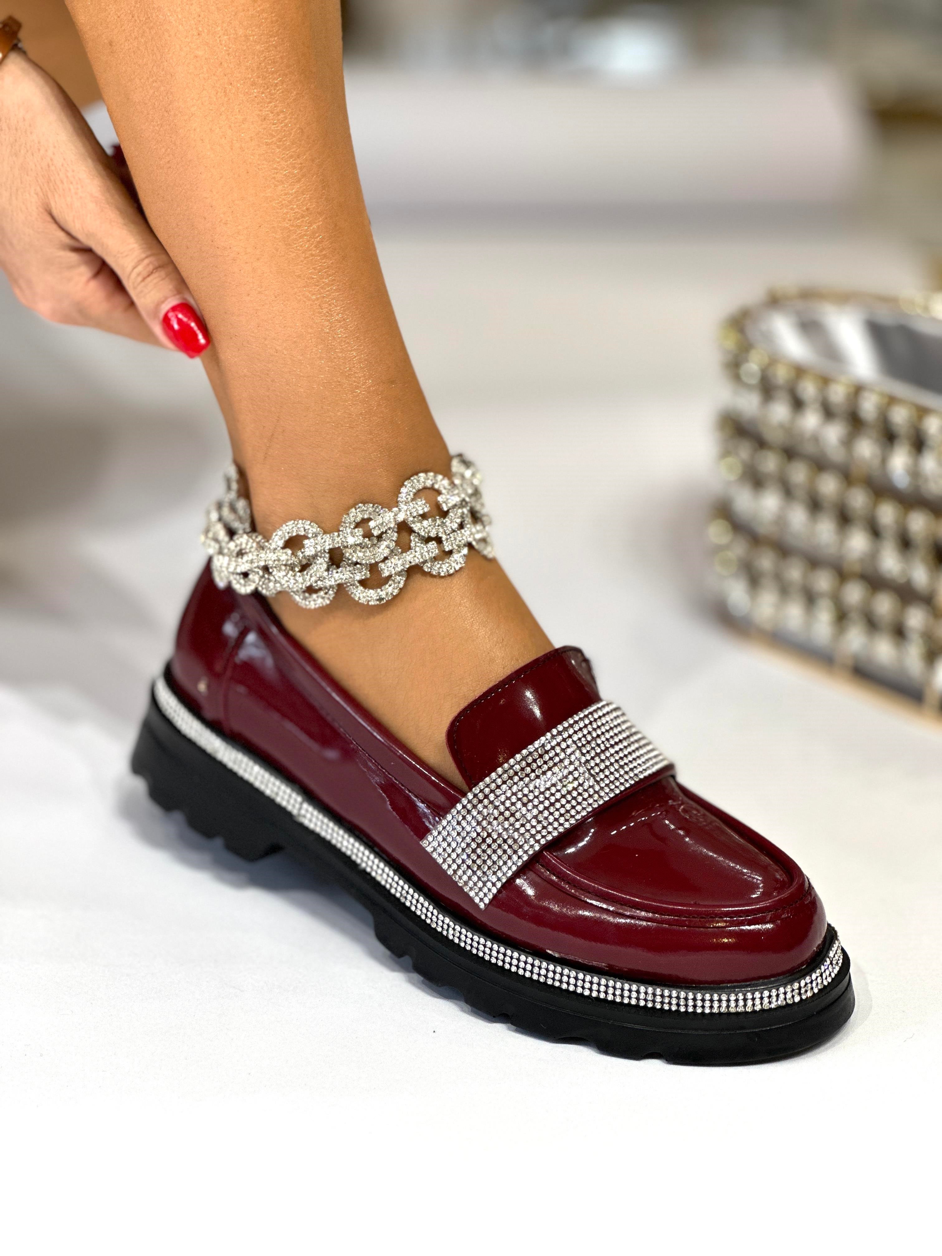 Zuhale Zuhal Kristal Taşlı Rugan Loafer Bordo - Loafer