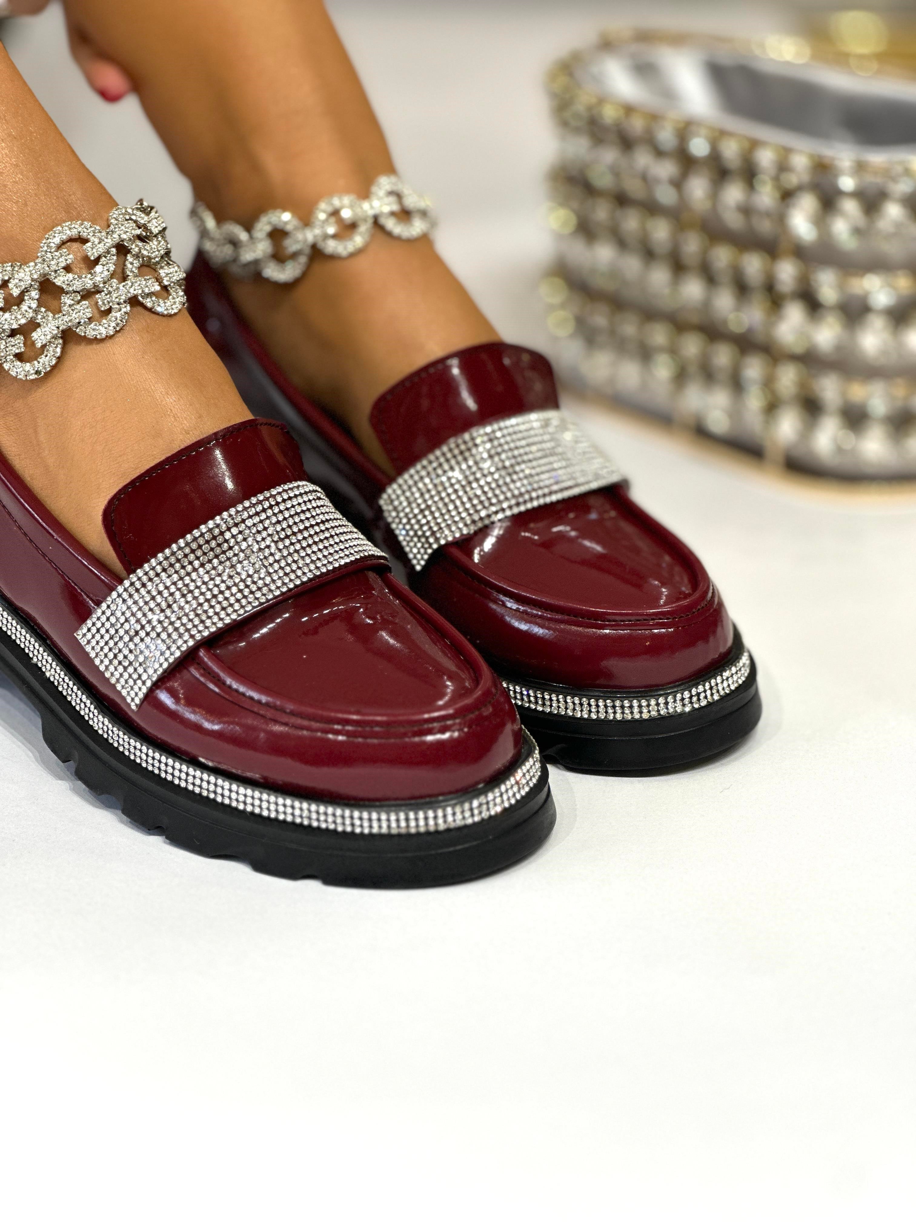 Zuhale Zuhal Kristal Taşlı Rugan Loafer Bordo - Loafer