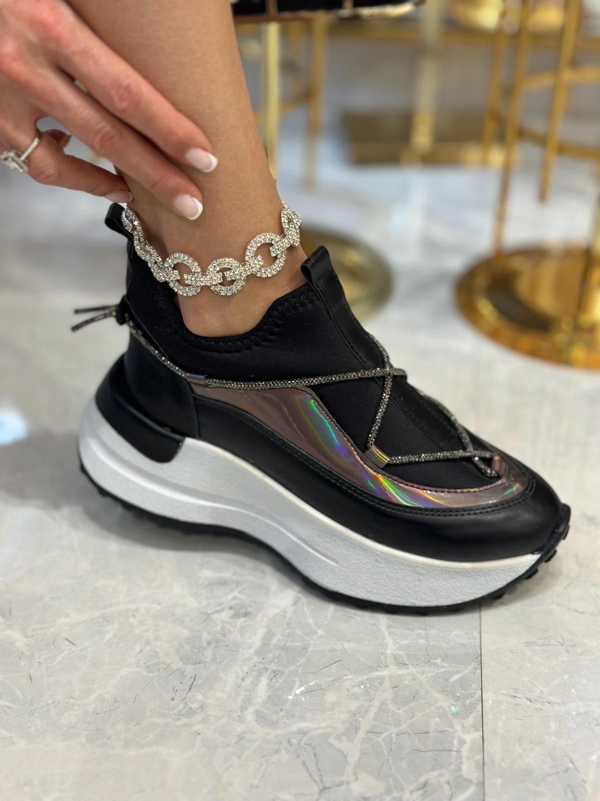 Zunni Kristal Taşlı Özel Tasarım Spor Ayakkabı Siyah - Spor Ayakkabı