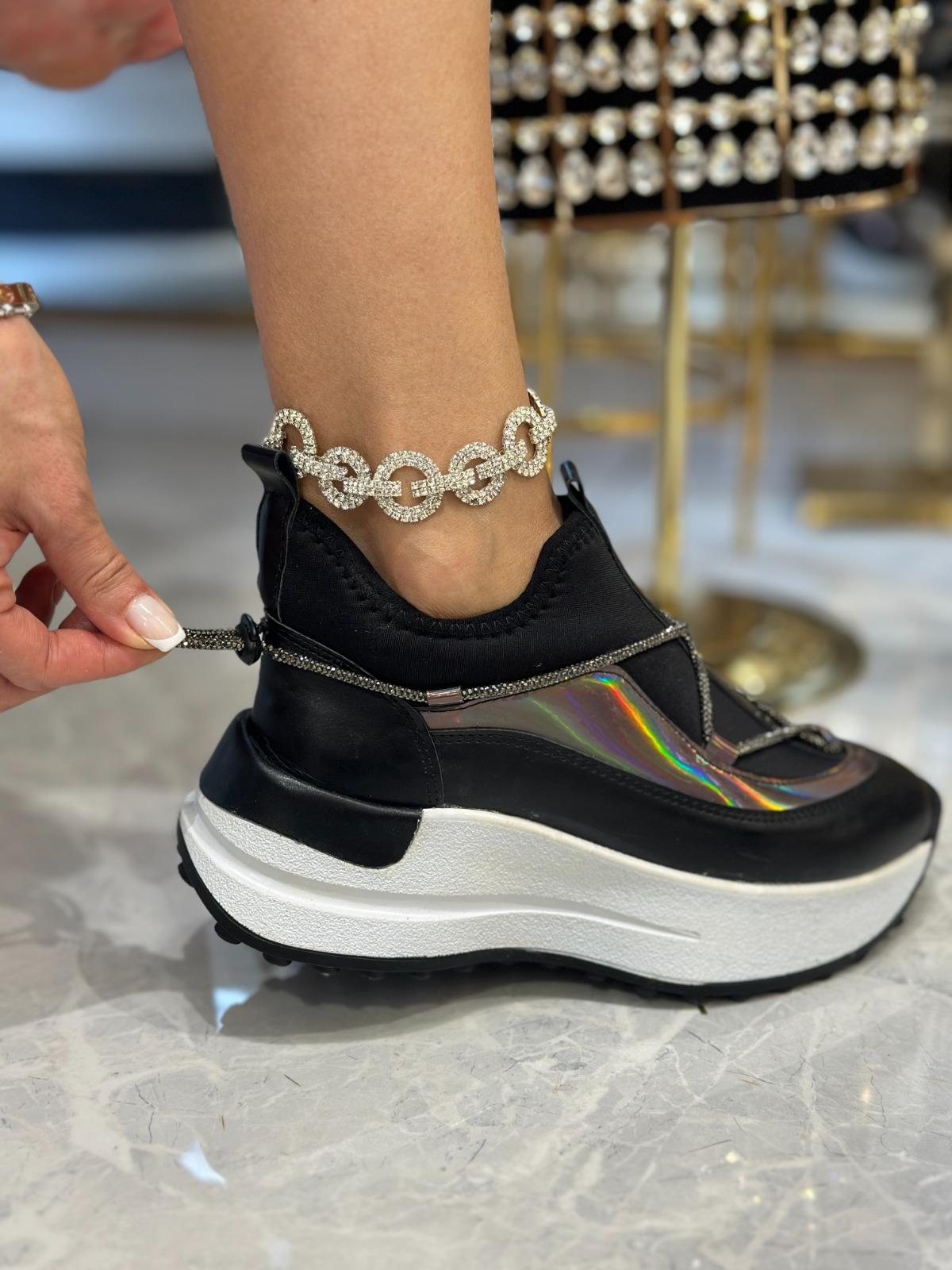 Zunni Kristal Taşlı Özel Tasarım Spor Ayakkabı Siyah - Spor Ayakkabı