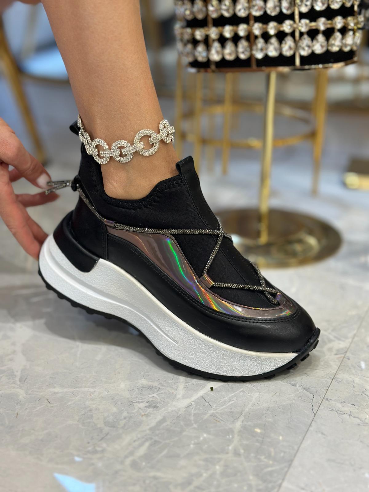 Zunni Kristal Taşlı Özel Tasarım Spor Ayakkabı Siyah - Spor Ayakkabı