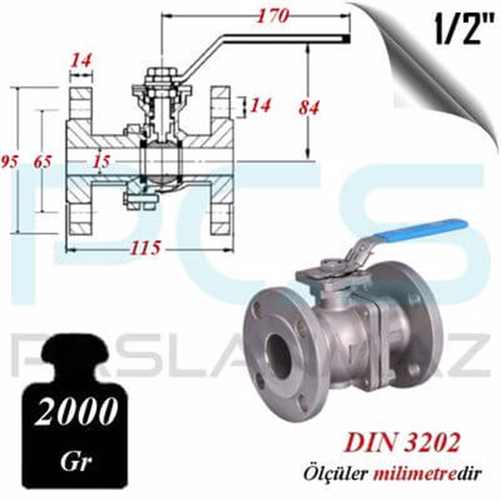 PASLANMAZ ÇELİK 304 KALİTE 2 PARÇALI FLANŞLI VANA