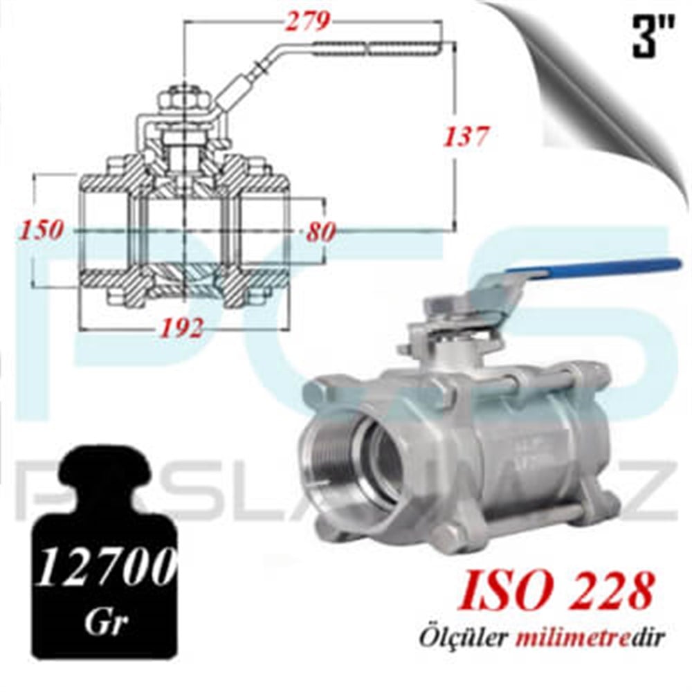 PASLANMAZ ÇELİK 304 KALİTE 3 PARÇALI KÜRESEL VANA