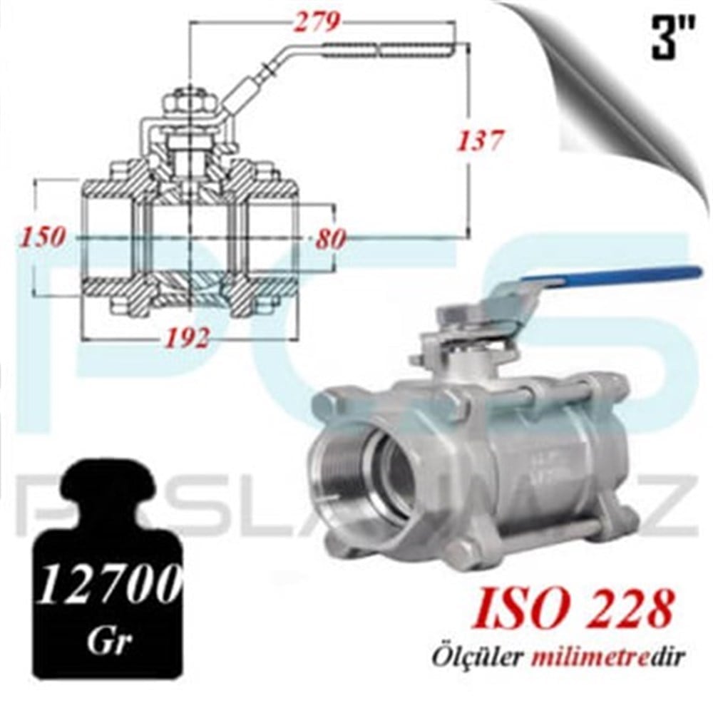 PASLANMAZ ÇELİK 304 KALİTE 3 PARÇALI KÜRESEL VANA