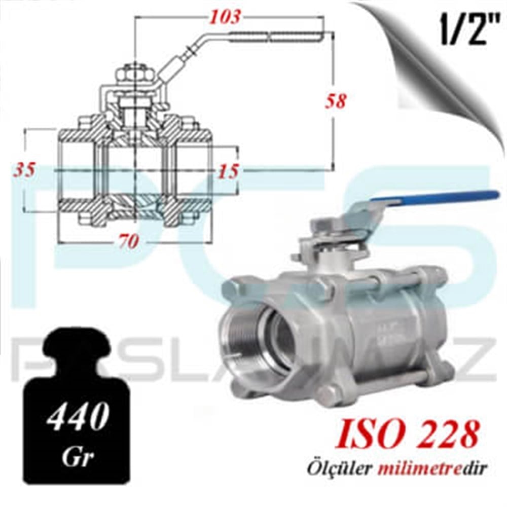 PASLANMAZ ÇELİK 304 KALİTE 3 PARÇALI KÜRESEL VANA