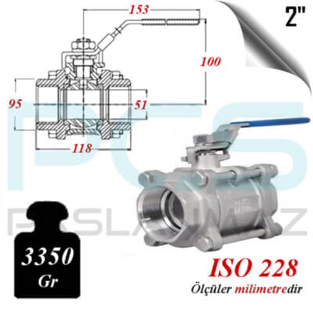 PASLANMAZ ÇELİK 304 KALİTE 3 PARÇALI KÜRESEL VANA