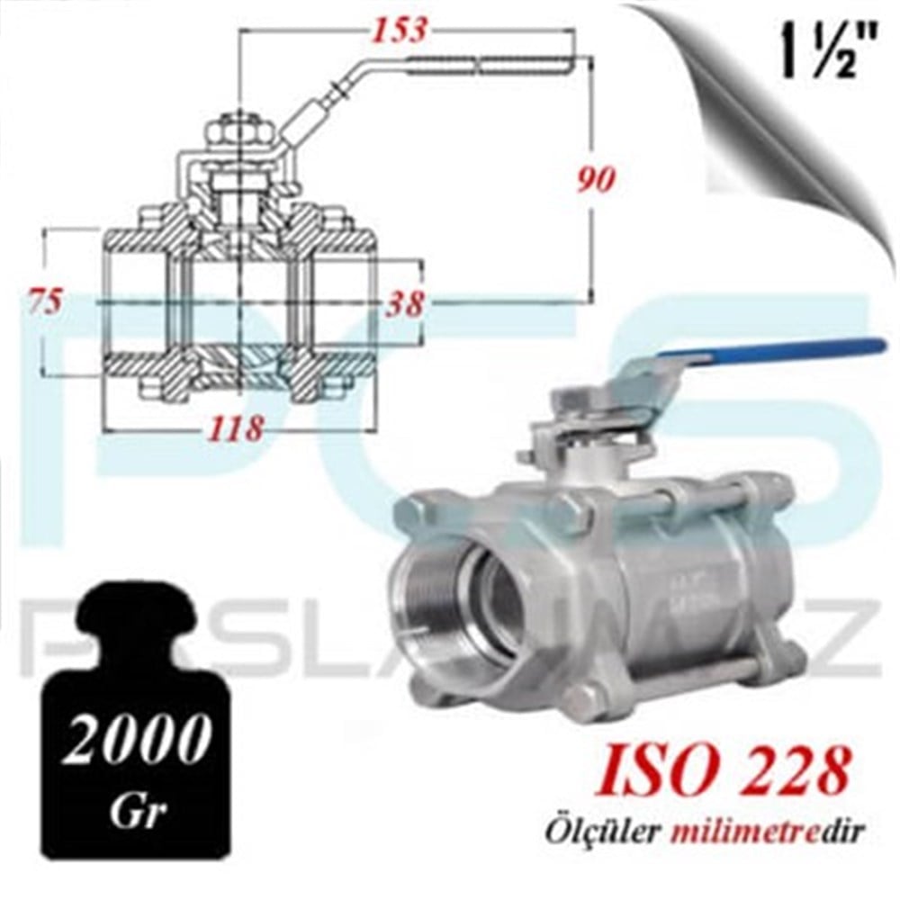 PASLANMAZ ÇELİK 304 KALİTE 3 PARÇALI KÜRESEL VANA