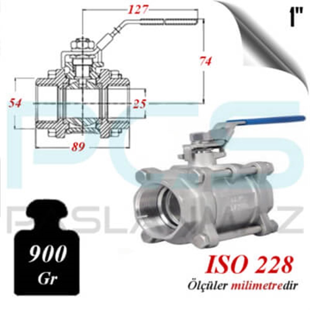 PASLANMAZ ÇELİK 304 KALİTE 3 PARÇALI KÜRESEL VANA