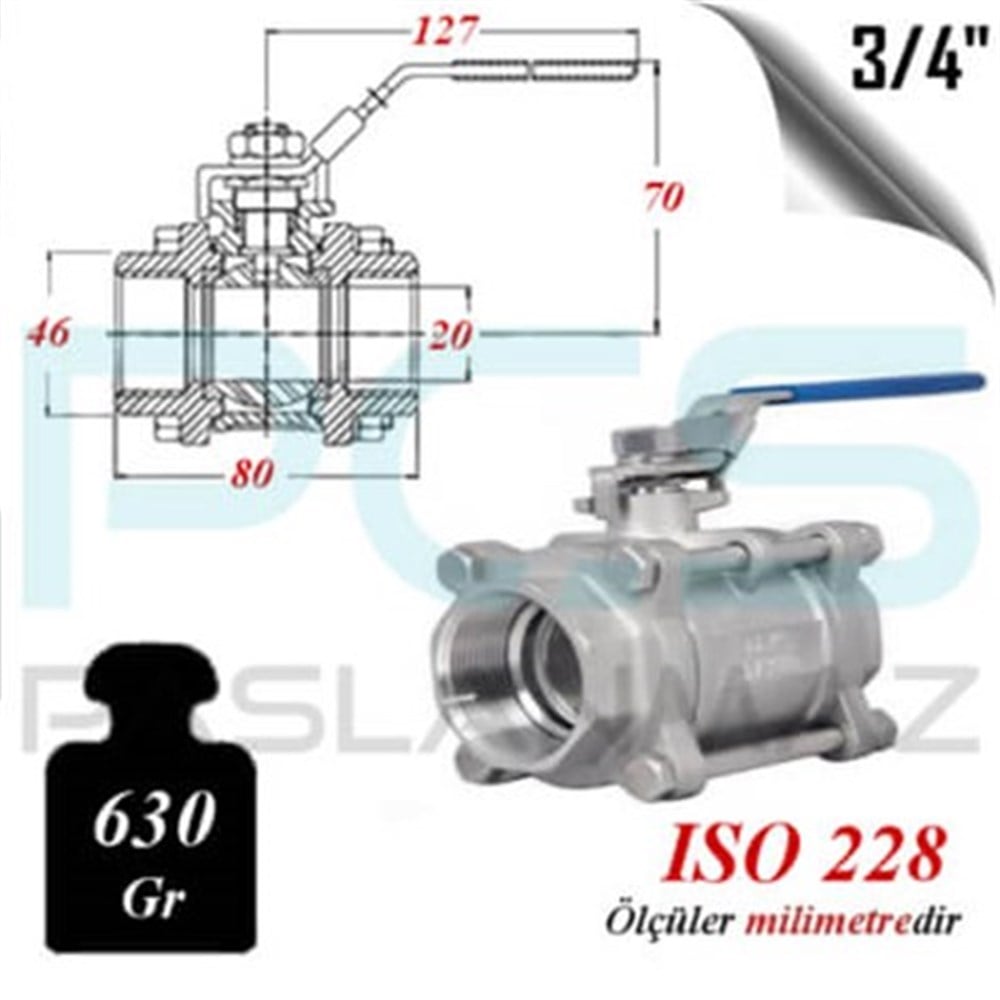 PASLANMAZ ÇELİK 304 KALİTE 3 PARÇALI KÜRESEL VANA