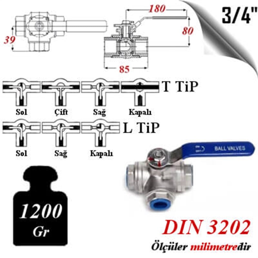 PASLANMAZ ÇELİK 304 KALİTE 3 YOLLU KÜRESEL VANA
