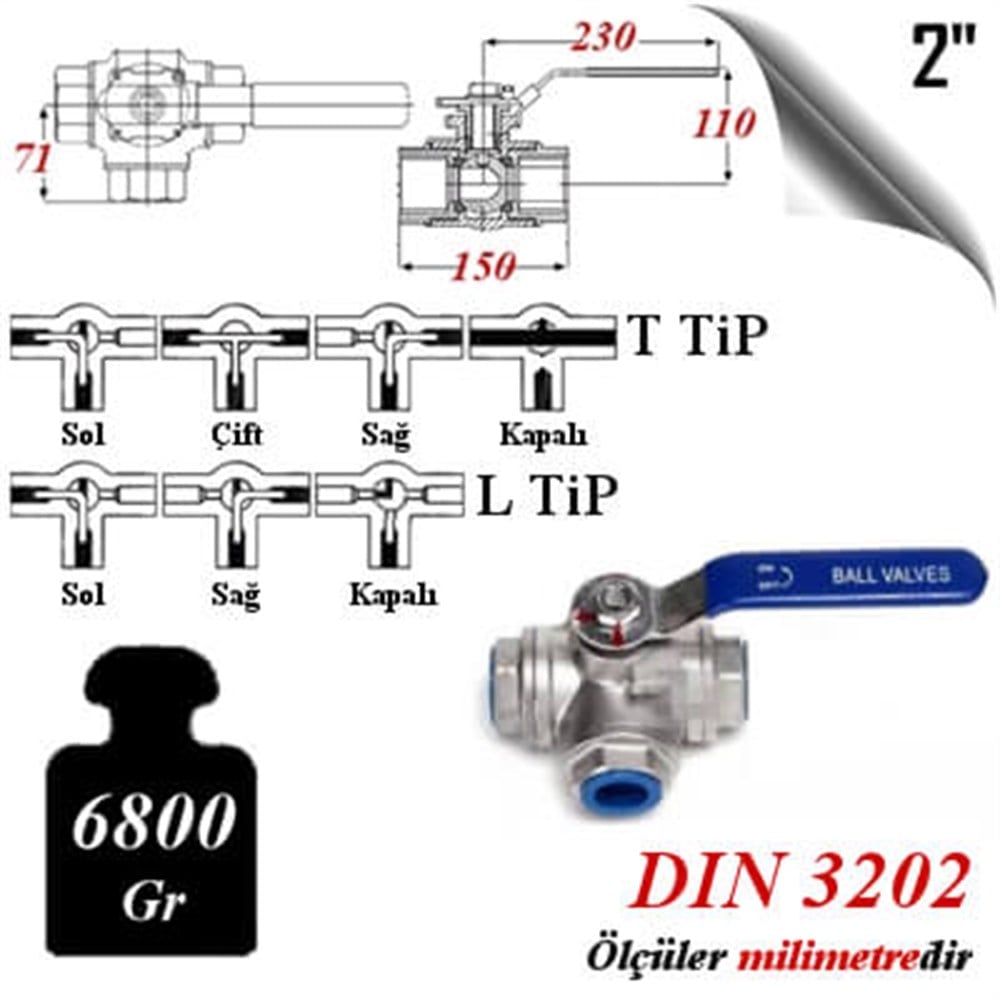 PASLANMAZ ÇELİK 304 KALİTE 3 YOLLU KÜRESEL VANA