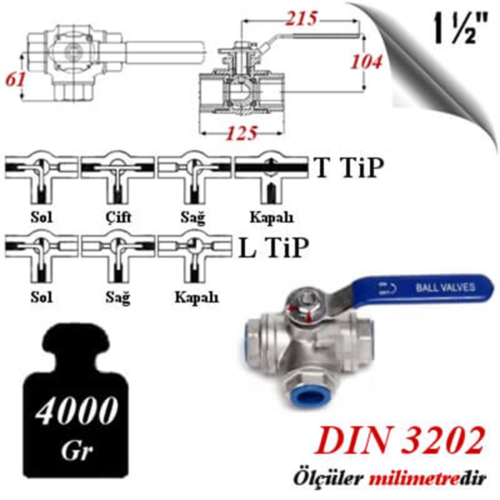 PASLANMAZ ÇELİK 304 KALİTE 3 YOLLU KÜRESEL VANA