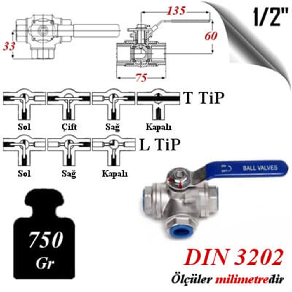 PASLANMAZ ÇELİK 304 KALİTE 3 YOLLU KÜRESEL VANA
