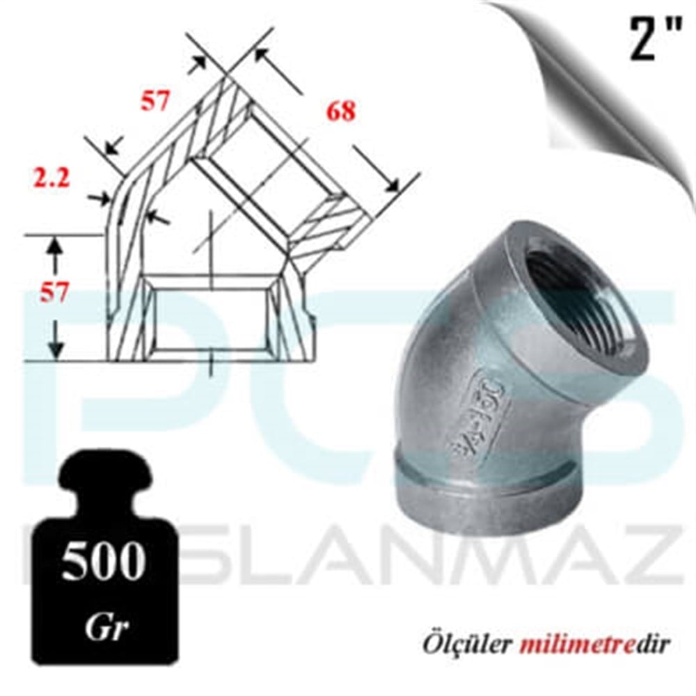 PASLANMAZ ÇELİK 304 KALİTE 45° DERECE DİŞLİ DİRSEK