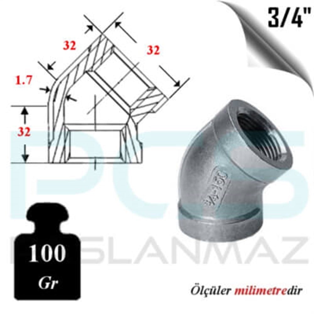 PASLANMAZ ÇELİK 304 KALİTE 45° DERECE DİŞLİ DİRSEK