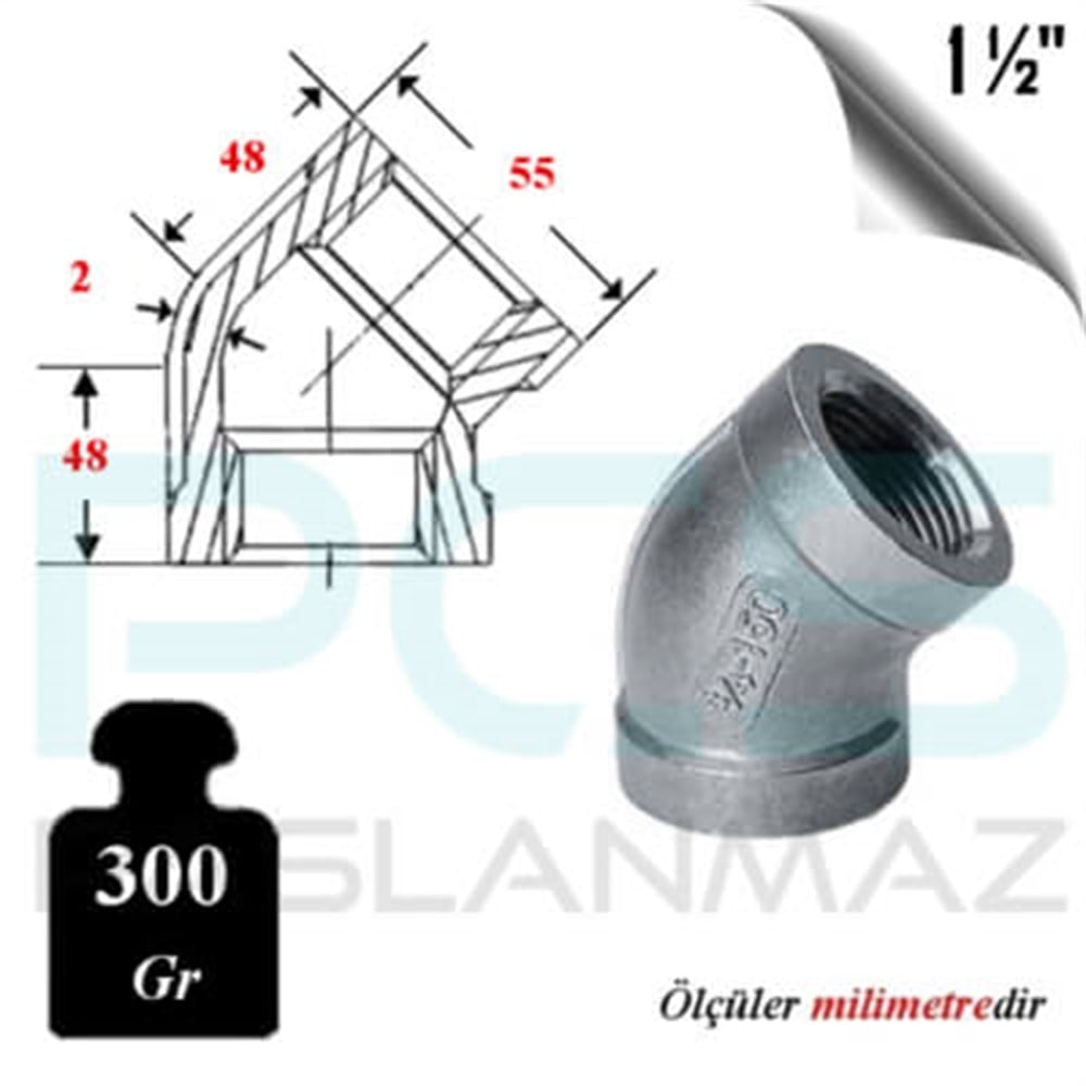 PASLANMAZ ÇELİK 304 KALİTE 45° DERECE DİŞLİ DİRSEK