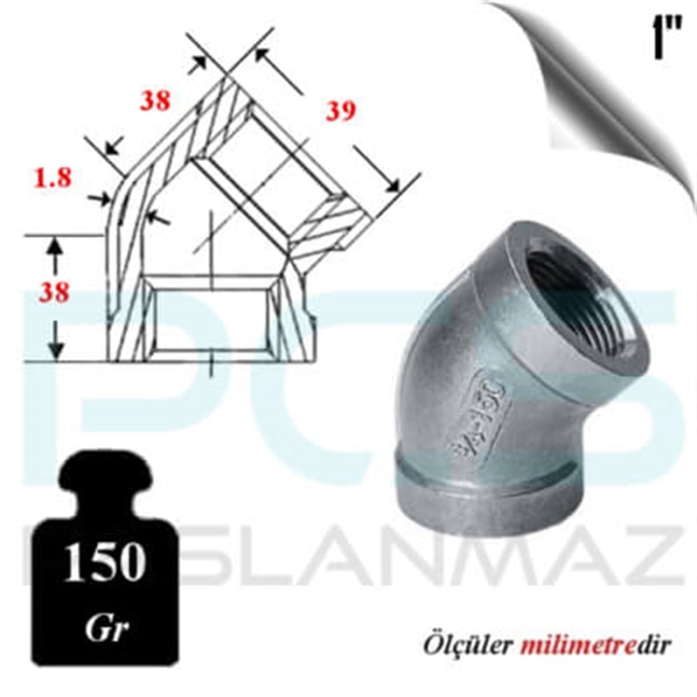 PASLANMAZ ÇELİK 304 KALİTE 45° DERECE DİŞLİ DİRSEK