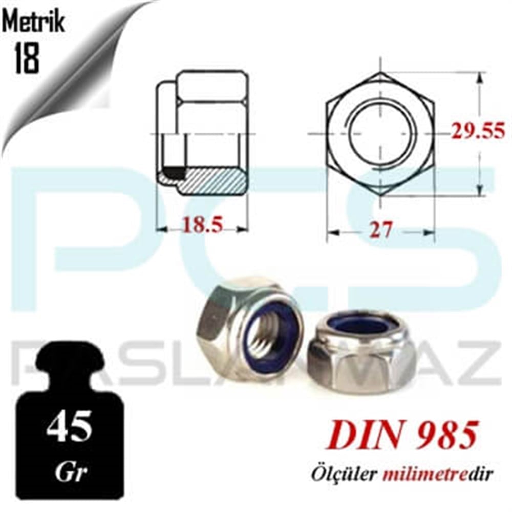 PASLANMAZ ÇELİK 304 KALİTE İNOX A2 FİBERLİ SOMUN