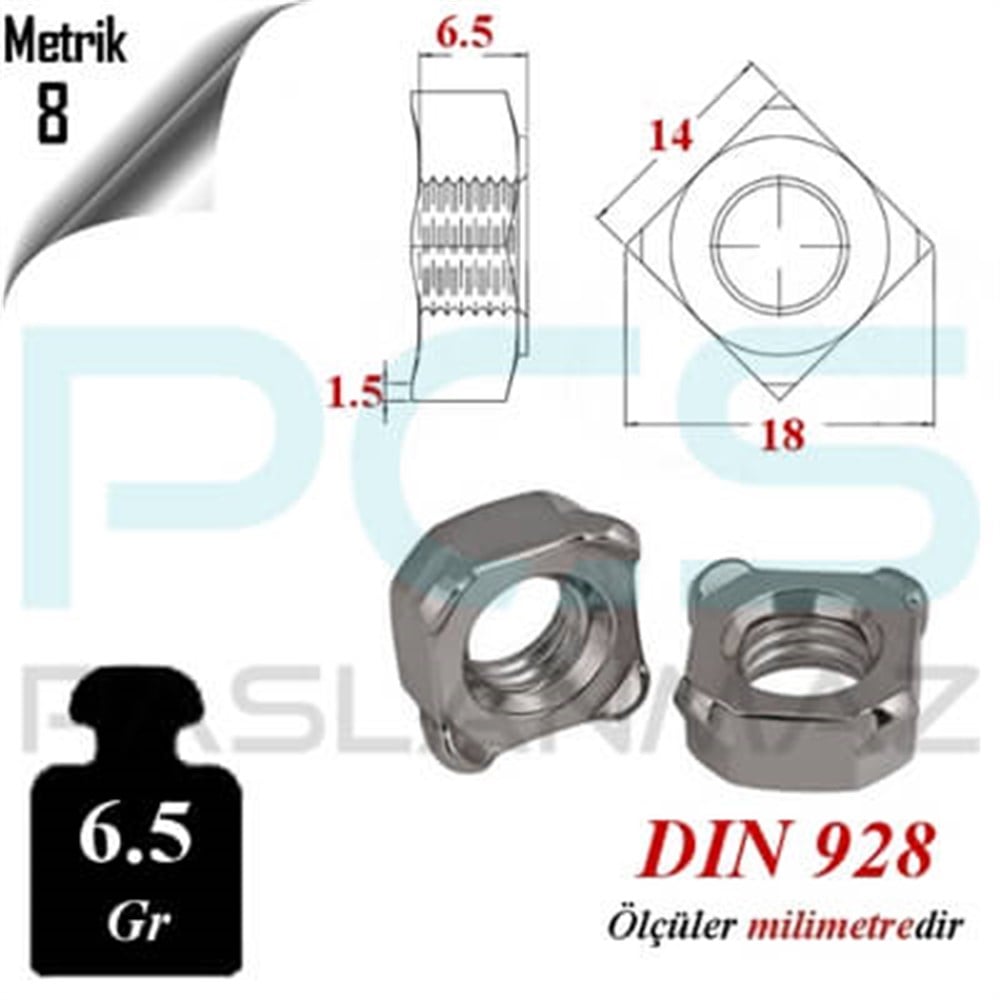 PASLANMAZ ÇELİK 304 KALİTE İNOX A2 KARE KAYNAK SOMUNU