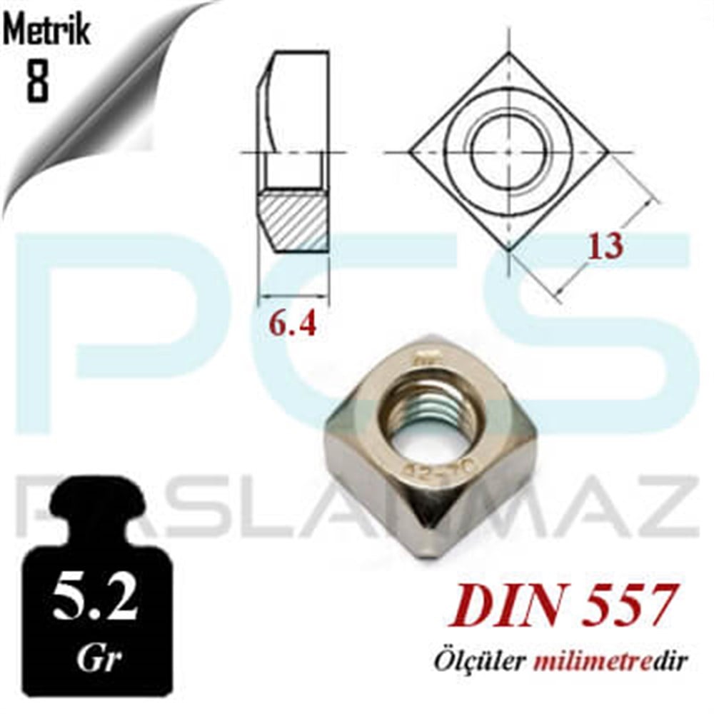 PASLANMAZ ÇELİK 304 KALİTE İNOX A2 KARE SOMUNU