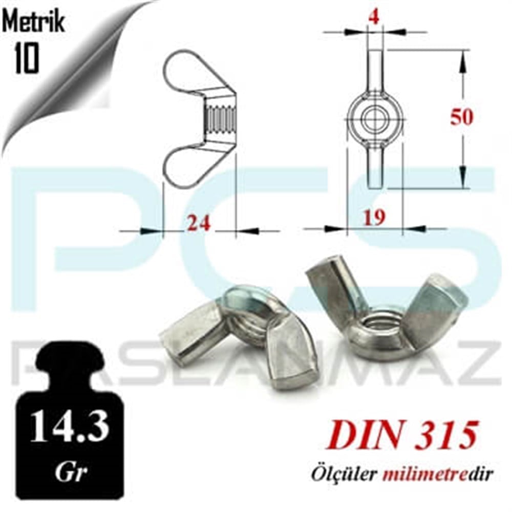 PASLANMAZ ÇELİK 304 KALİTE İNOX A2 KELEBEK SOMUN