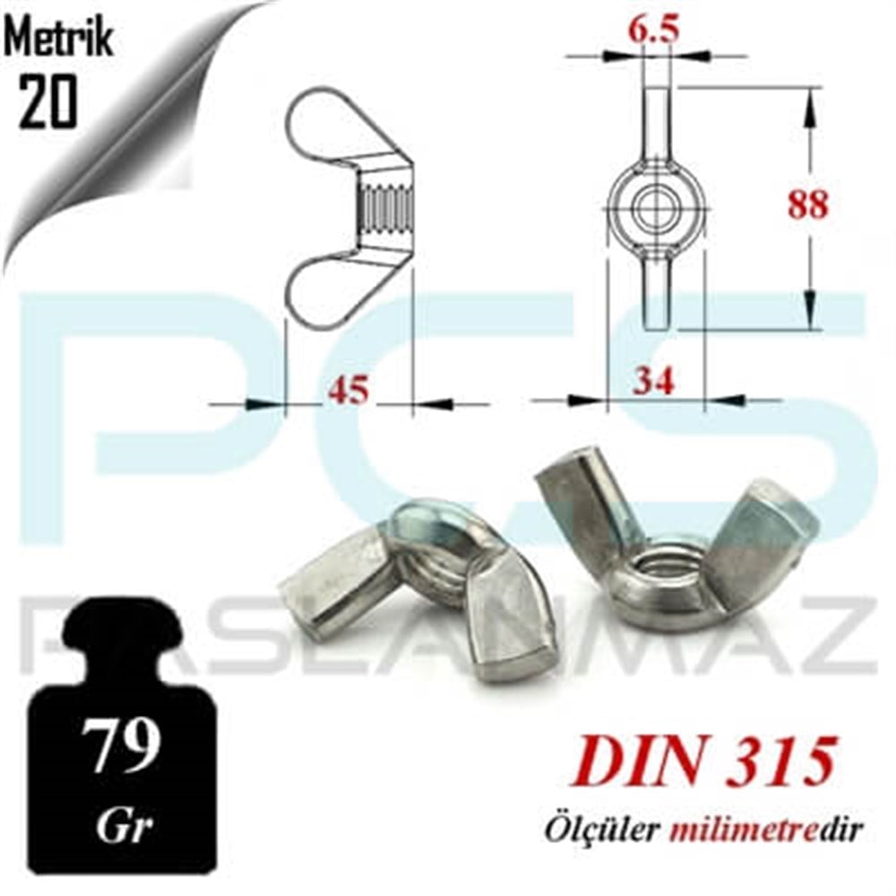 PASLANMAZ ÇELİK 304 KALİTE İNOX A2 KELEBEK SOMUN